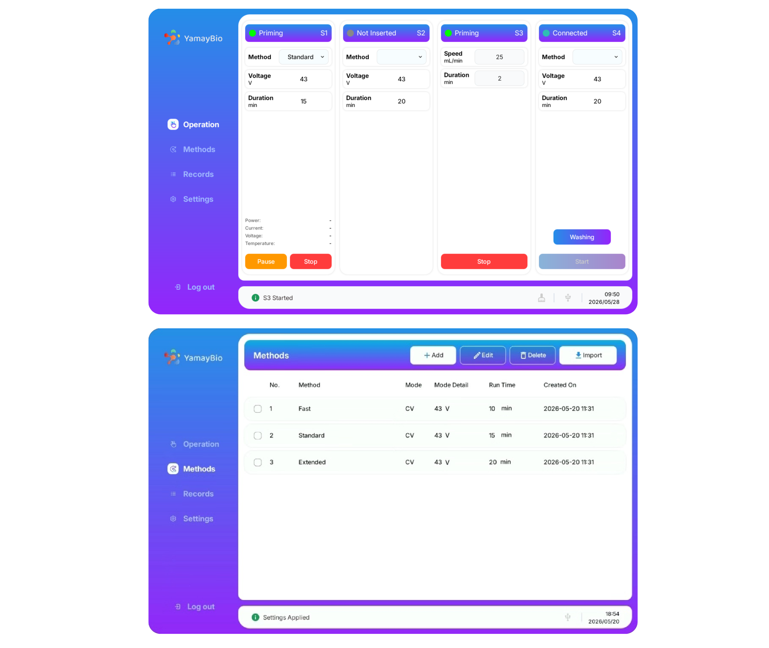 Provides guided operation through an intuitive touchscreen interface, allowing for fast setup with minimal user training.

Software Interface. Screenshots of multiple settings running on different transfer stations (above) and method selection (below).